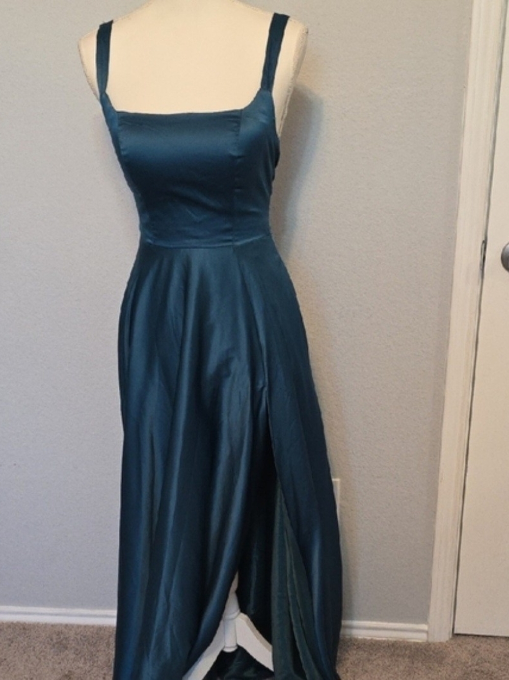 Darling Deep Teal Satin Maxi Dress with Square Neck